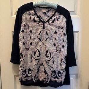 Chicos Navy and Pink Patterned V-Neck Top